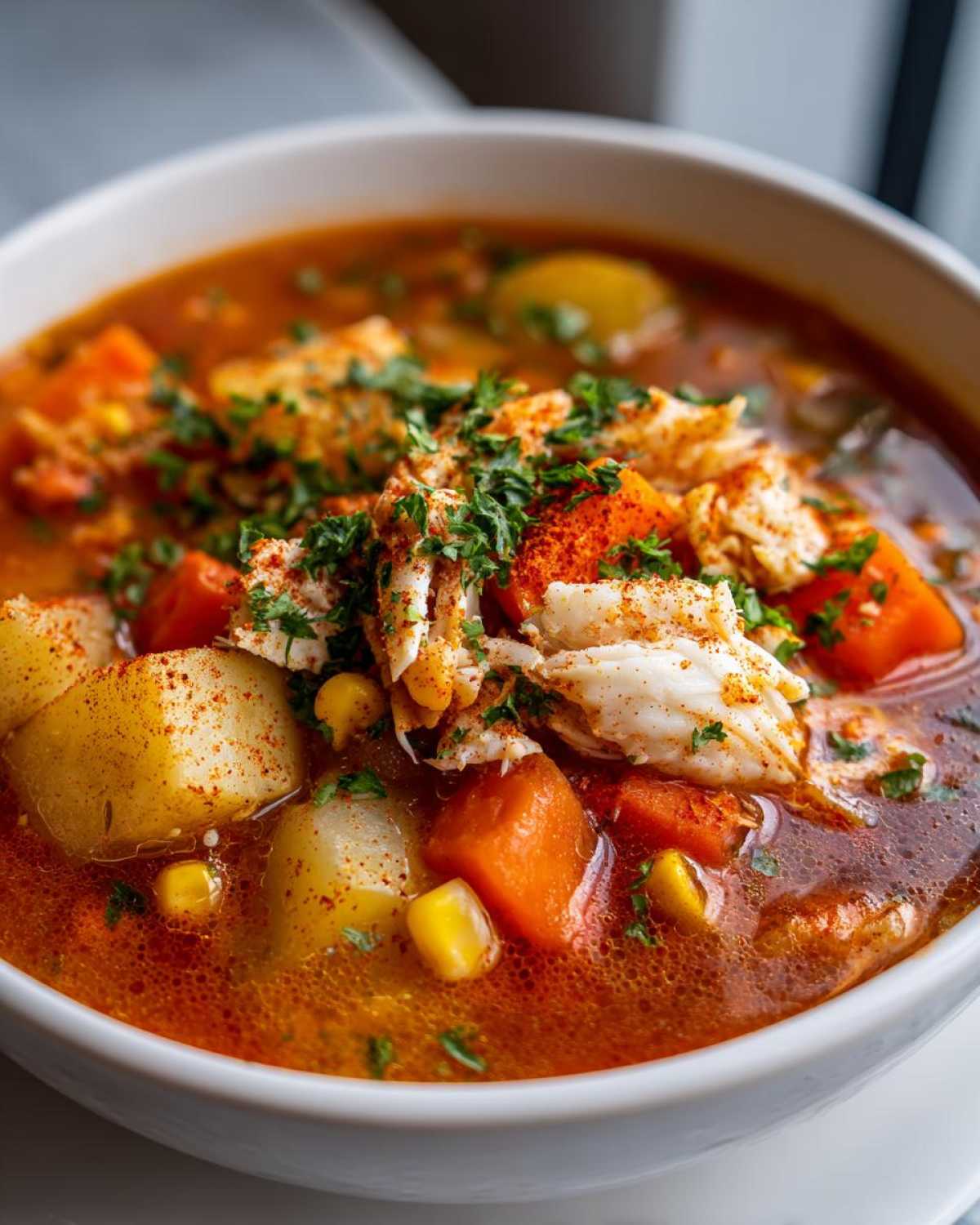 Close-up of a steaming bowl of rich, tomato-based maryland crab soup loaded with chunks of potato, carrots, corn, and topped with crab meat.