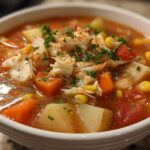 Close-up of a bowl of rich, tomato-based maryland crab soup filled with vegetables and topped with lump crab meat.