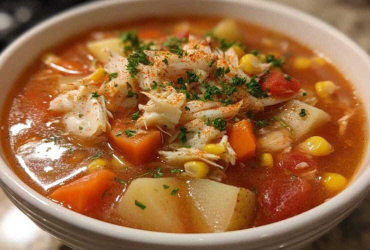 Close-up of a bowl of rich, tomato-based maryland crab soup filled with vegetables and topped with lump crab meat.