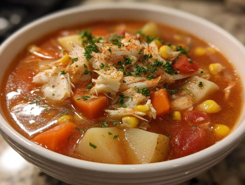Close-up of a bowl of rich, tomato-based maryland crab soup filled with vegetables and topped with lump crab meat.
