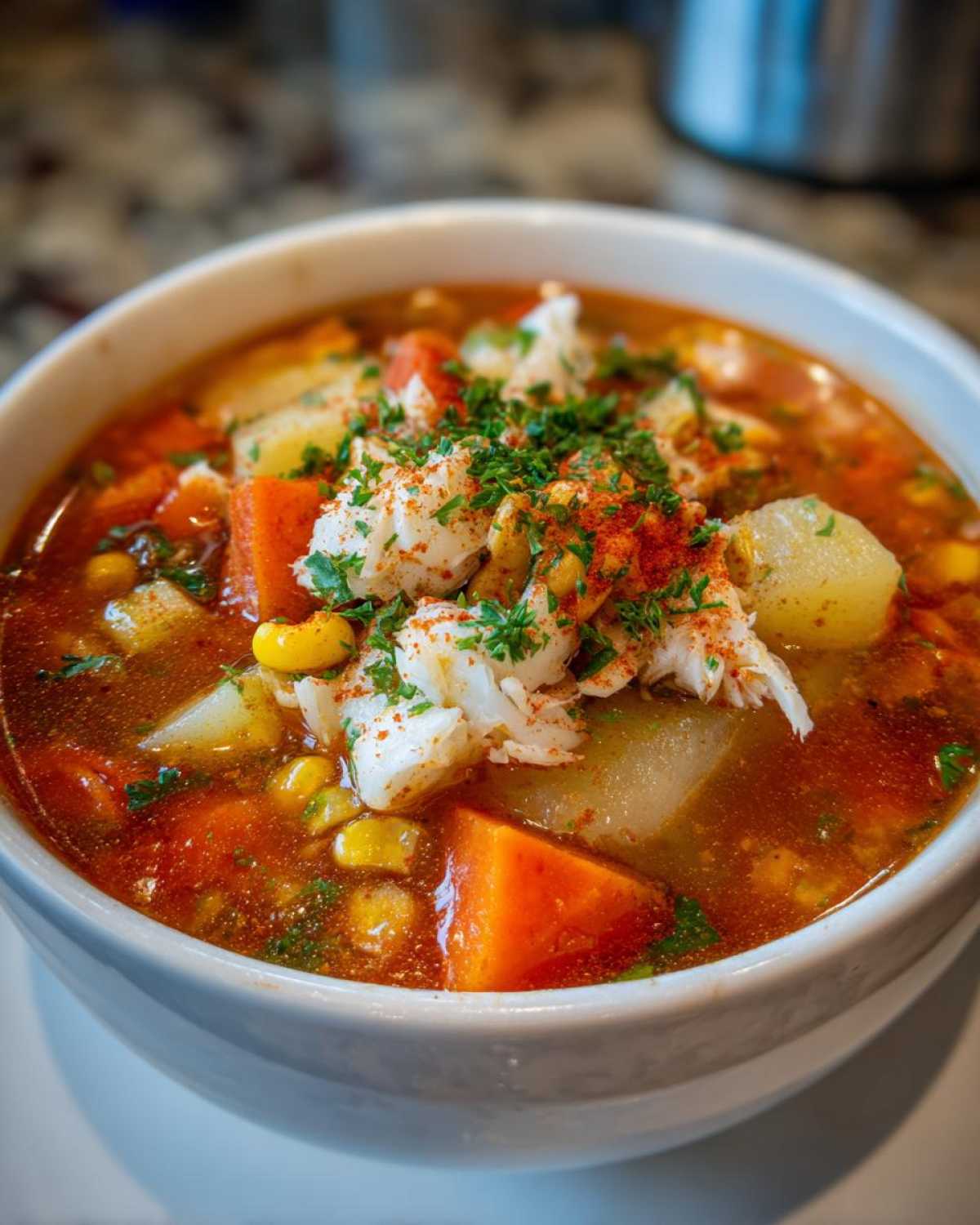 Close-up of a bowl of rich, tomato-based maryland crab soup filled with vegetables and topped with lump crab meat.