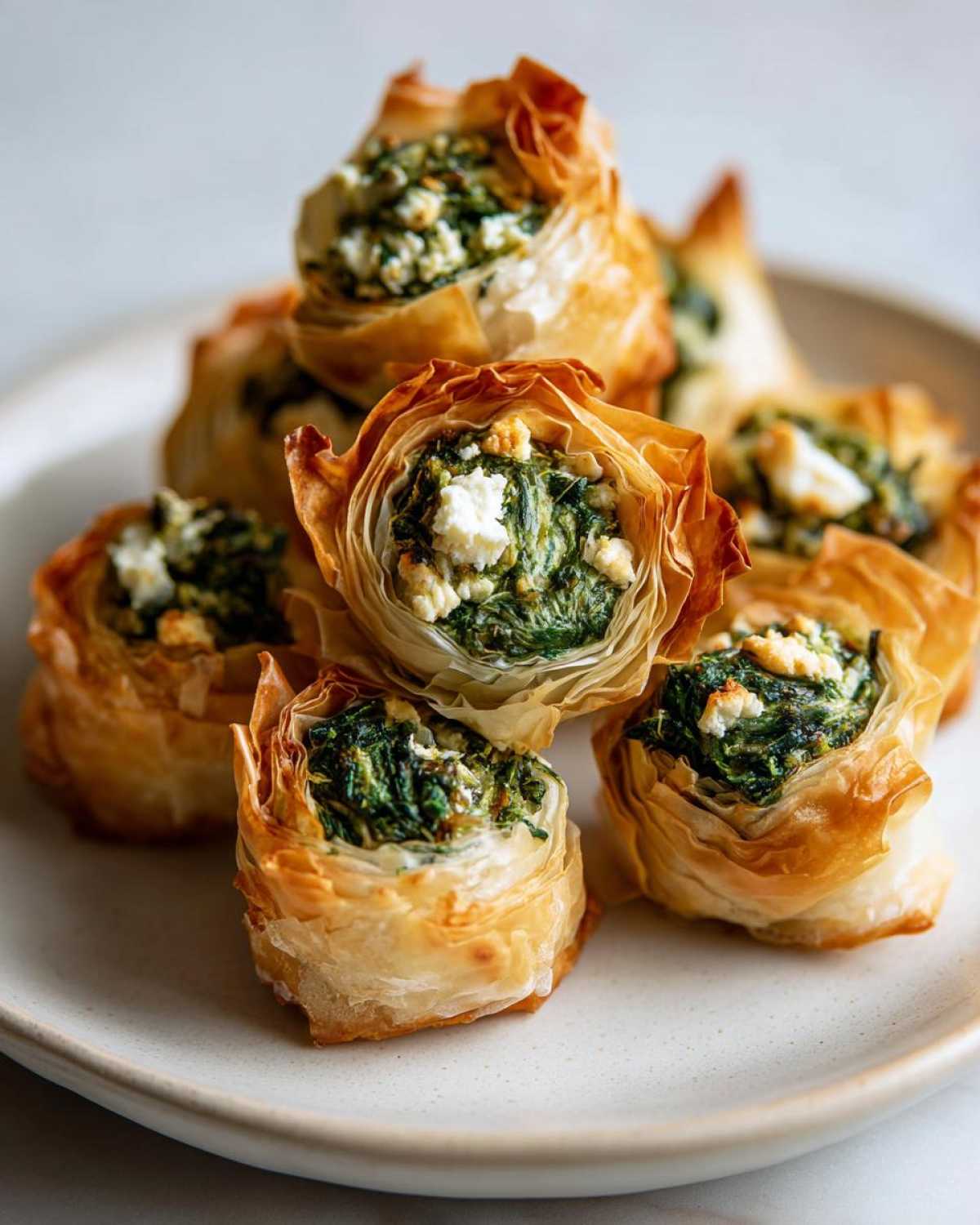 Close-up of golden, flaky Mediterranean Spinach and Feta Cheese Crisps stacked on a light plate.