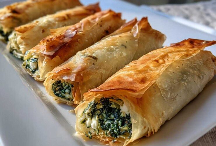 Close-up of crispy, golden-brown Mediterranean Spinach and Feta Cheese Crisps rolls lined up on a white platter.