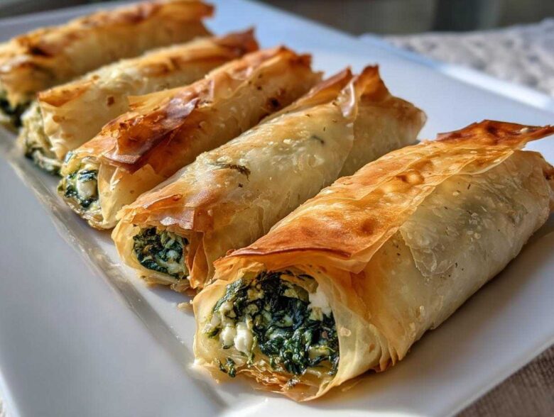 Close-up of crispy, golden-brown Mediterranean Spinach and Feta Cheese Crisps rolls lined up on a white platter.