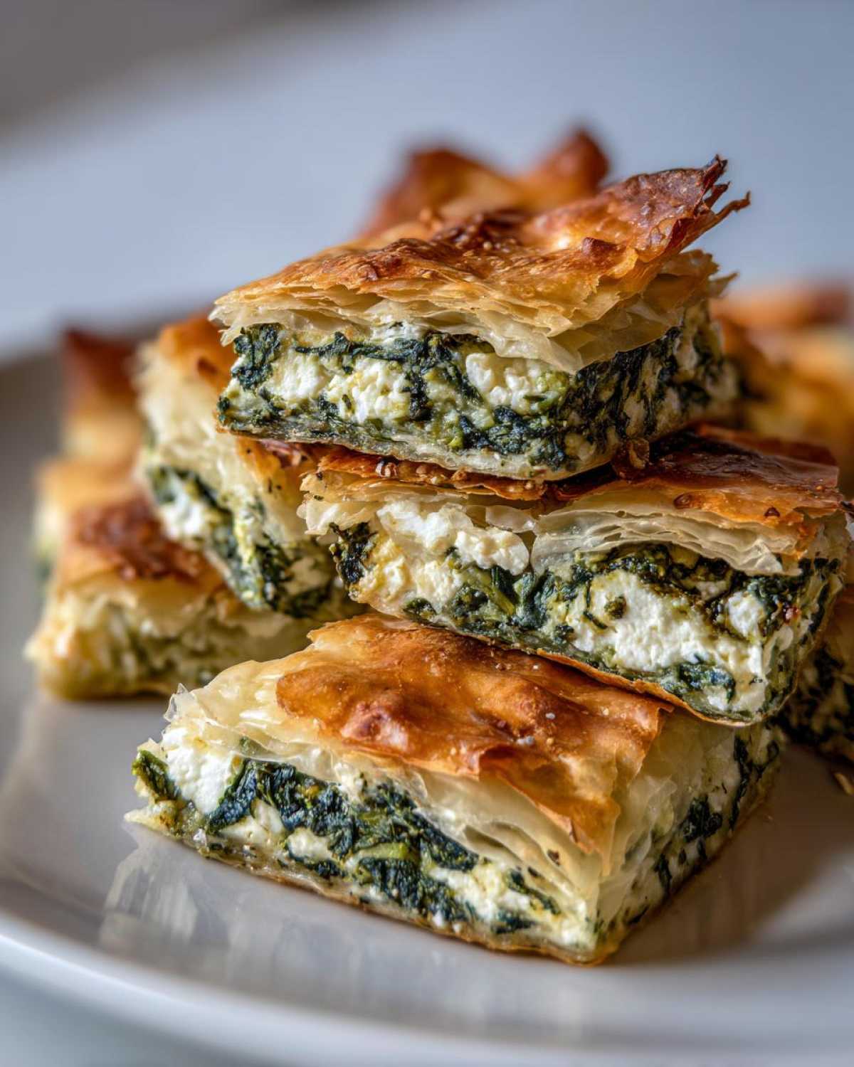 Close-up of stacked, flaky pieces of Mediterranean Spinach and Feta Cheese Crisps showing the filling.