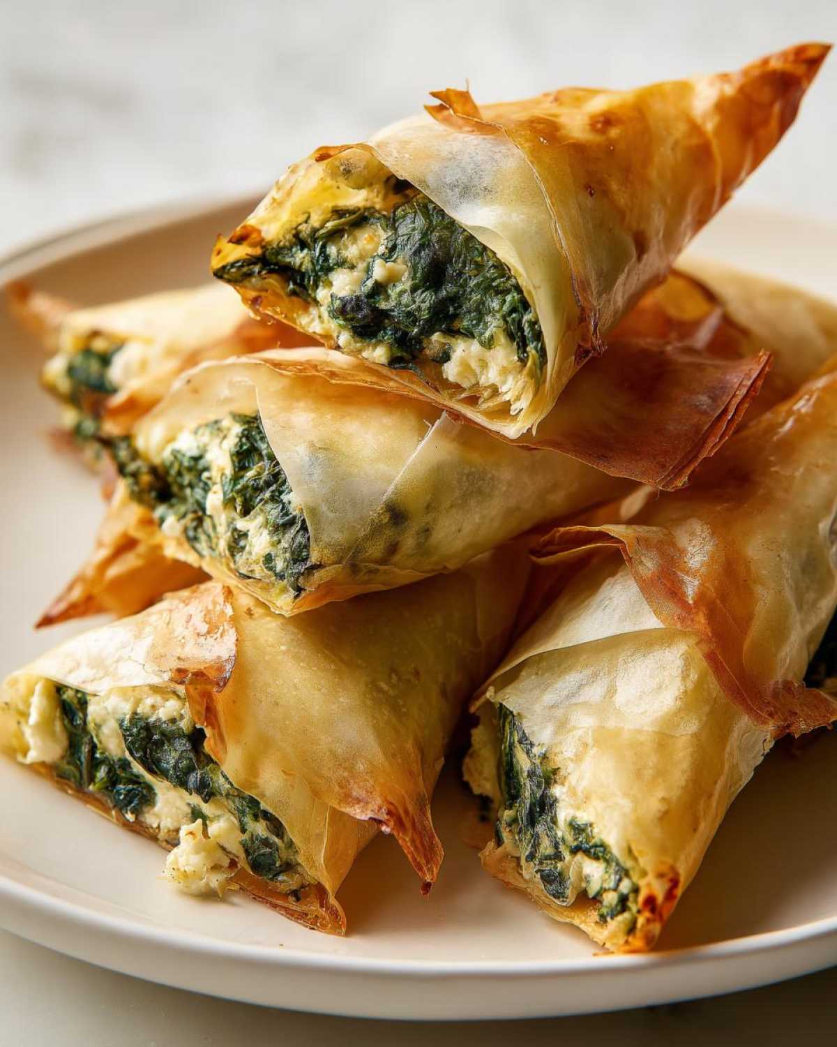 Close-up of crispy, golden Mediterranean Spinach and Feta Cheese Crisps stacked on a white plate.