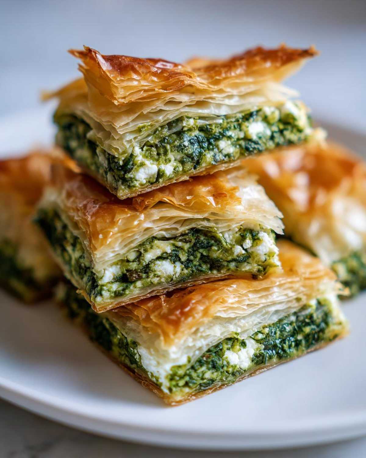 Close-up of stacked, flaky Mediterranean Spinach and Feta Cheese Crisps showing the golden phyllo layers and green filling.