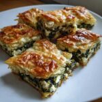 Close-up of five squares of flaky Mediterranean Spinach and Feta Cheese Crisps on a white plate.