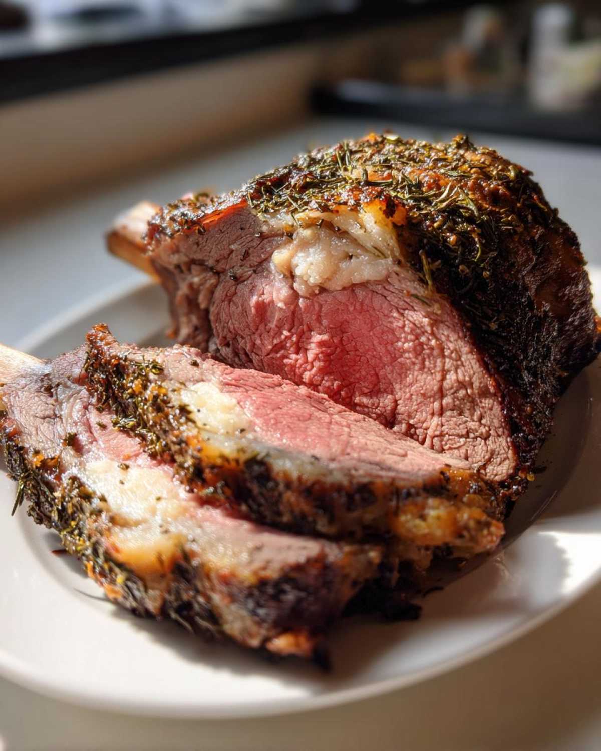 Close-up of a perfectly cooked medium-rare rib roast, seasoned with herbs, sliced on a white plate.