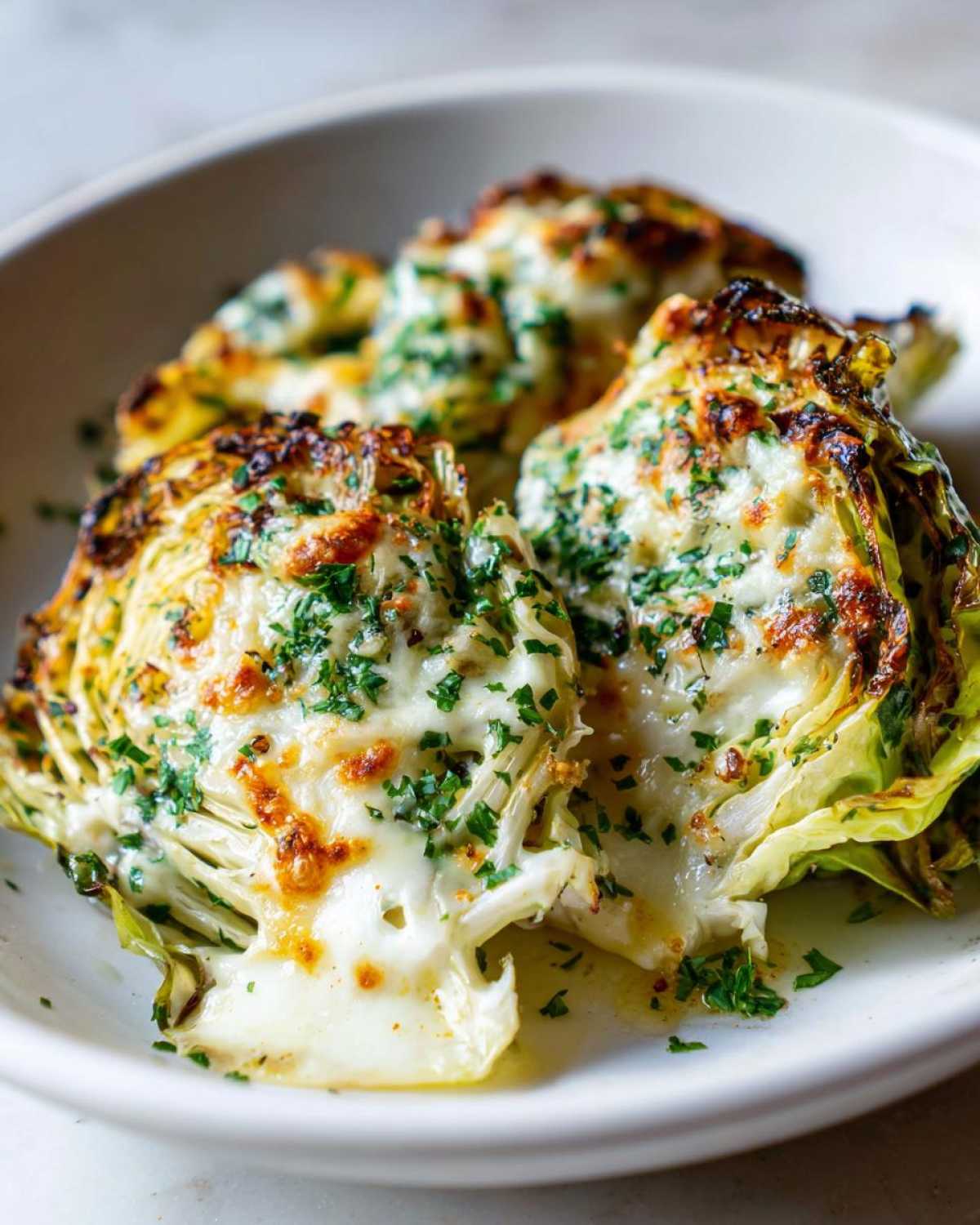 Close-up of baked cabbage recipe wedges topped with melted, browned cheese and fresh parsley.