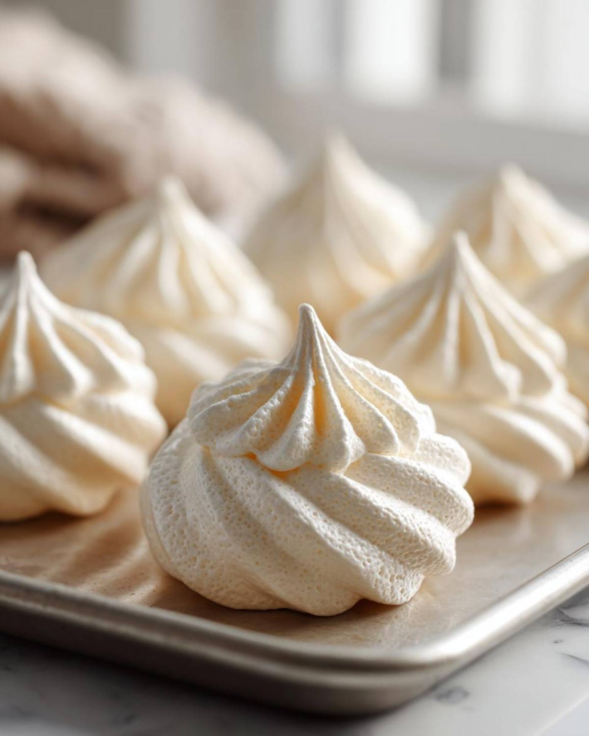 Close-up of several perfectly piped, white meringue cookies resting on a baking sheet.