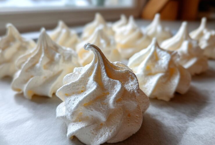 Close-up of piped, white meringue cookies arranged on parchment paper before baking.