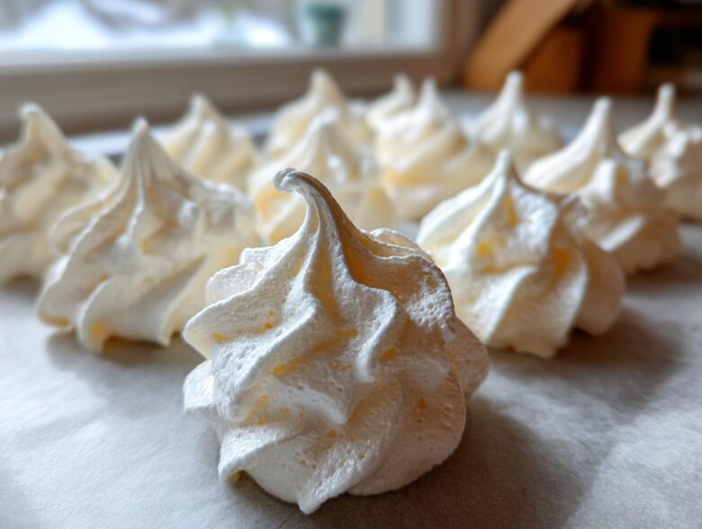 Close-up of piped, white meringue cookies arranged on parchment paper before baking.