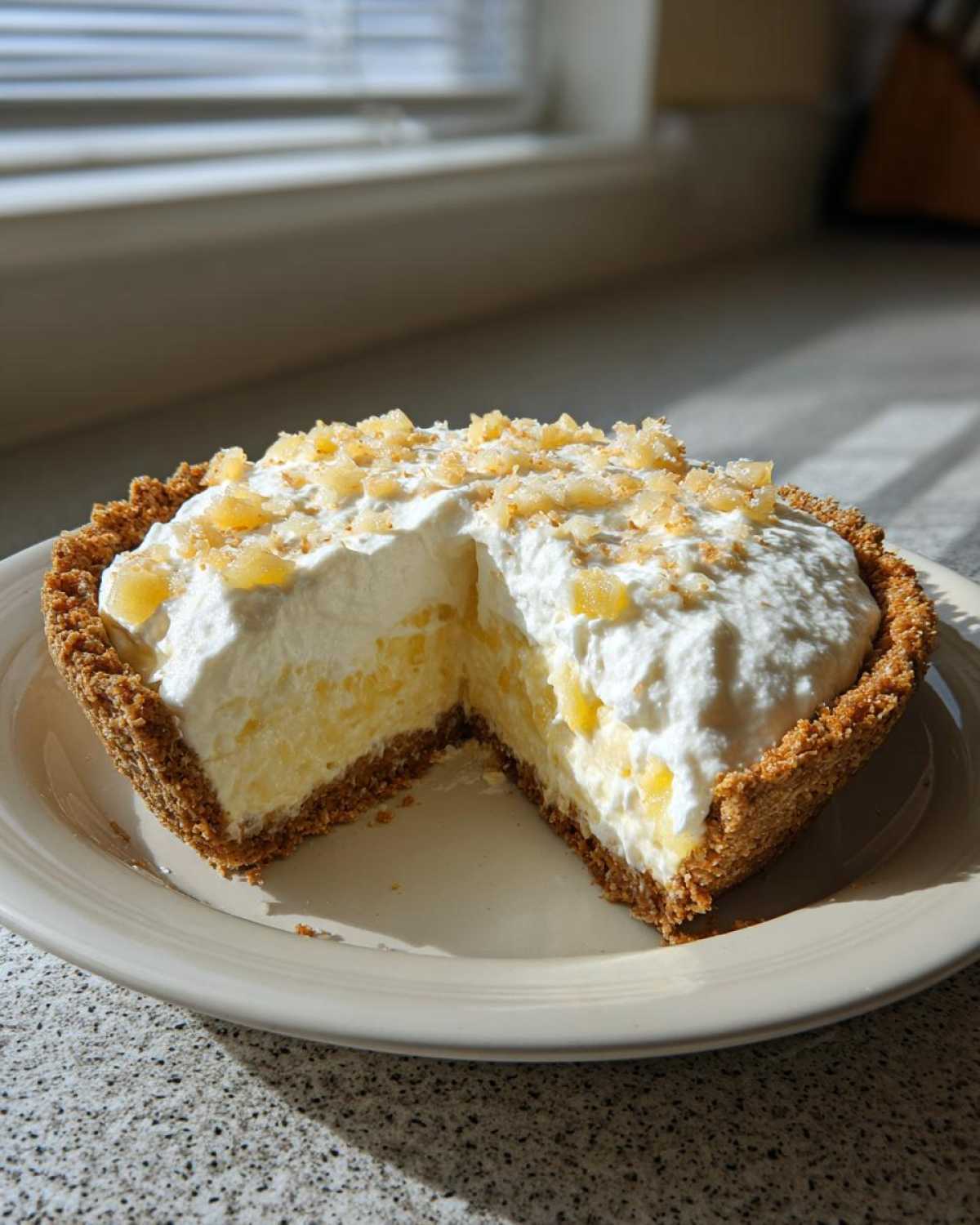 A slice removed from a creamy Million Dollar Pie with a graham cracker crust, topped with whipped cream and pineapple pieces.