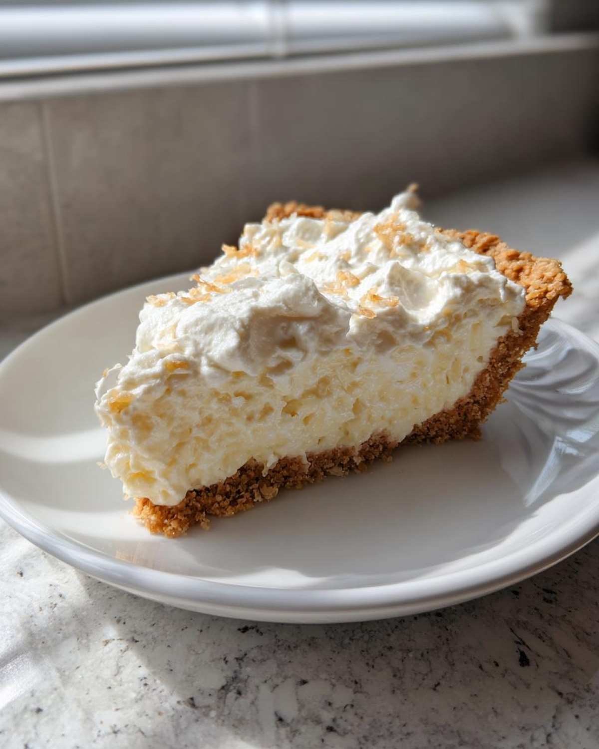 A generous slice of creamy Million Dollar Pie with a graham cracker crust and whipped topping, sitting on a white plate.