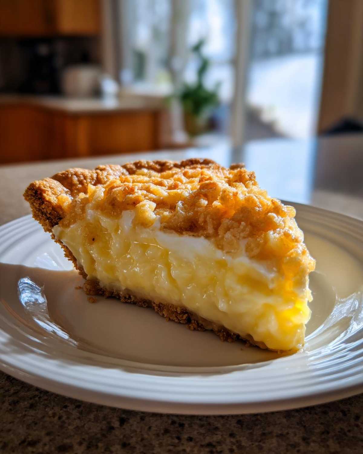 A close-up of a rich slice of million dollar pie featuring a thick, creamy yellow filling and a golden crumb topping on a white plate.