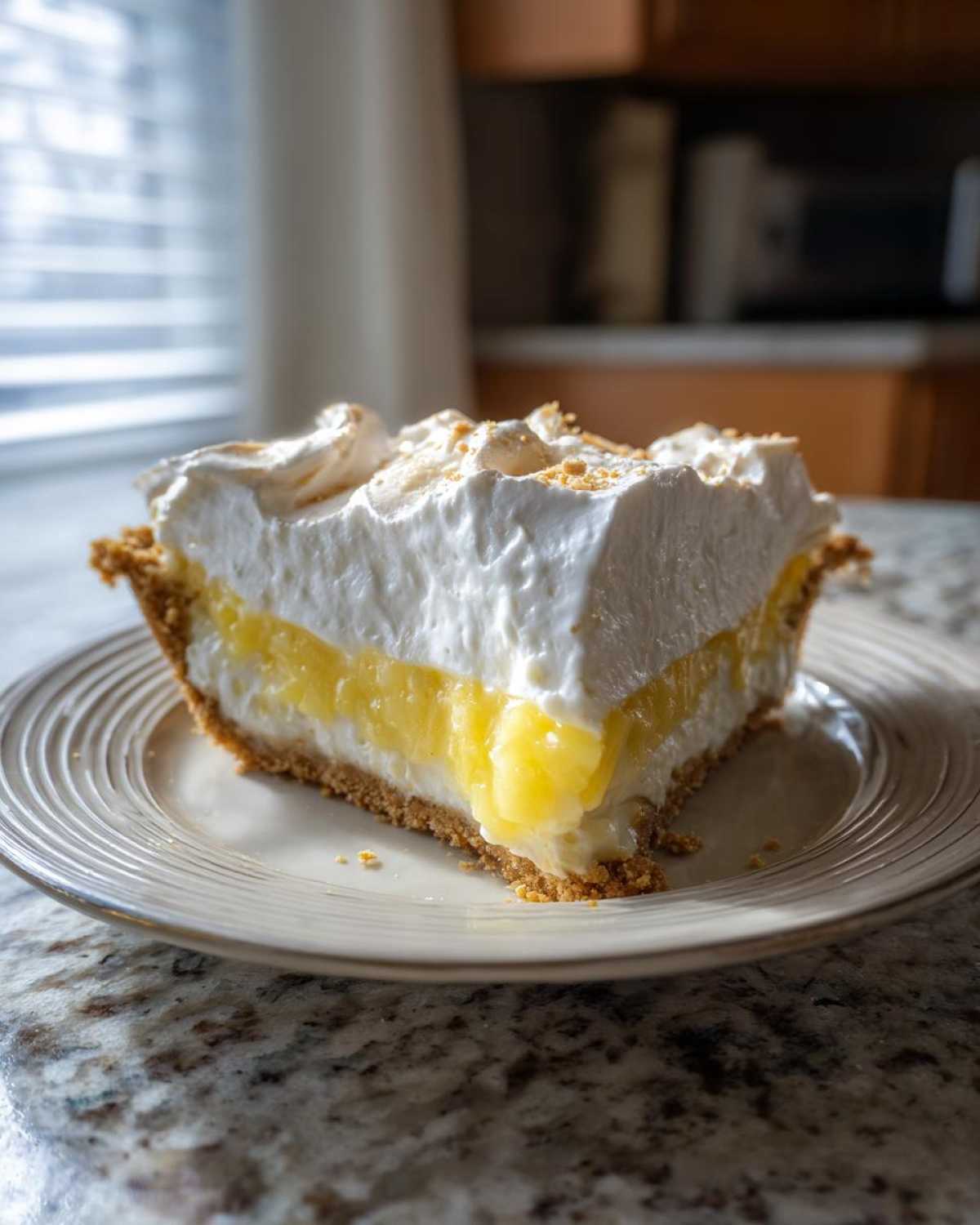 A tall slice of rich Million Dollar Pie featuring a graham cracker crust, yellow filling, and thick, toasted meringue.