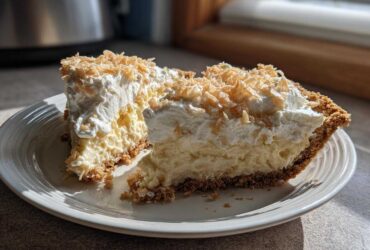 Two slices of creamy Million Dollar Pie with whipped topping and toasted coconut flakes.