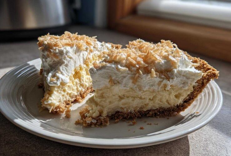 Two slices of creamy Million Dollar Pie with whipped topping and toasted coconut flakes.