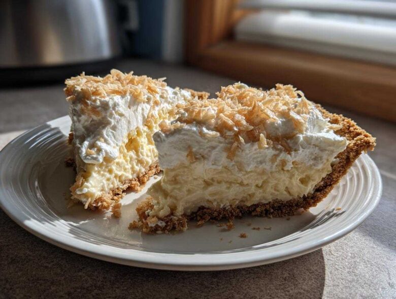 Two slices of creamy Million Dollar Pie with whipped topping and toasted coconut flakes.