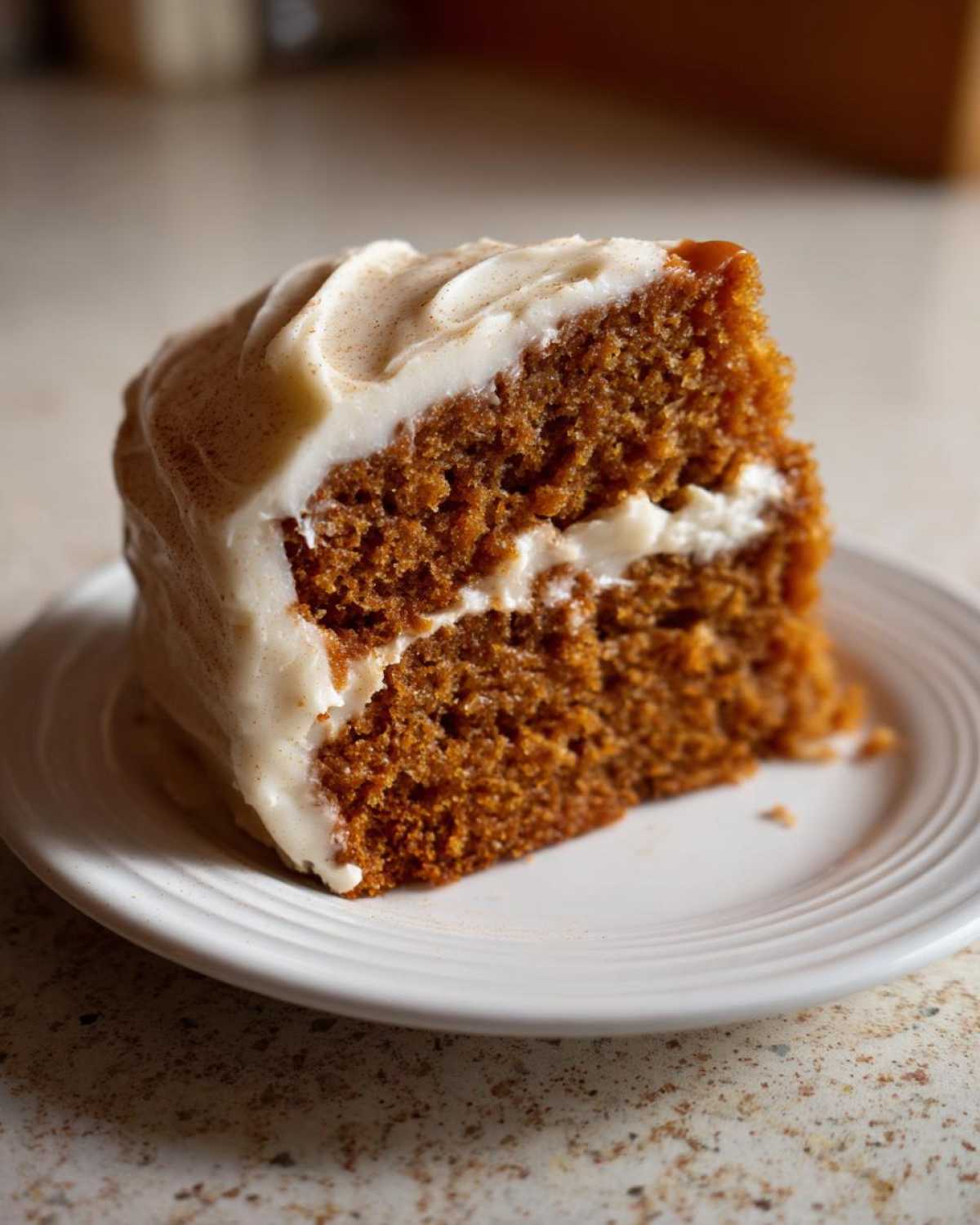 Close-up of a moist slice of applesauce cake layered with white frosting and dusted with cinnamon.