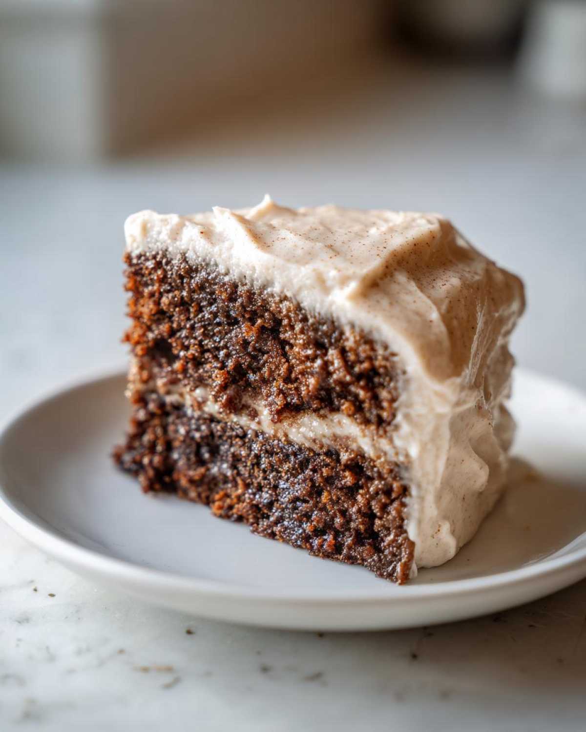 Close-up of a rich, dark slice of applesauce cake layered with cream cheese frosting, sprinkled with spice.