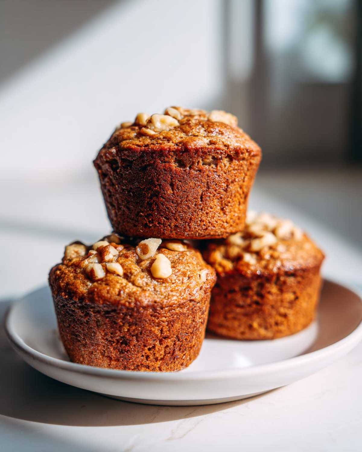 Three perfectly baked banana nut muffins, topped with chopped nuts, stacked on a white plate.