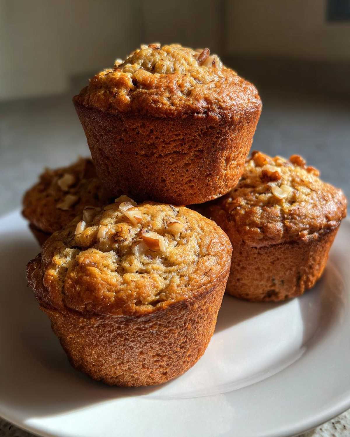 A stack of four golden brown banana nut muffins topped with chopped walnuts, sitting on a white plate.