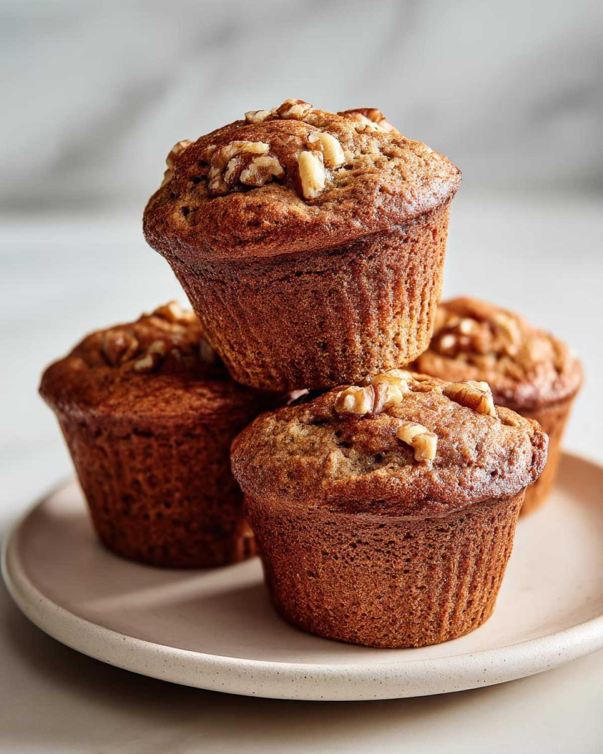 A stack of four freshly baked, moist banana nut muffins topped with walnuts sitting on a light plate.