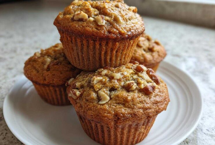 A stack of three golden brown banana nut muffins topped with chopped walnuts, resting on a white plate.