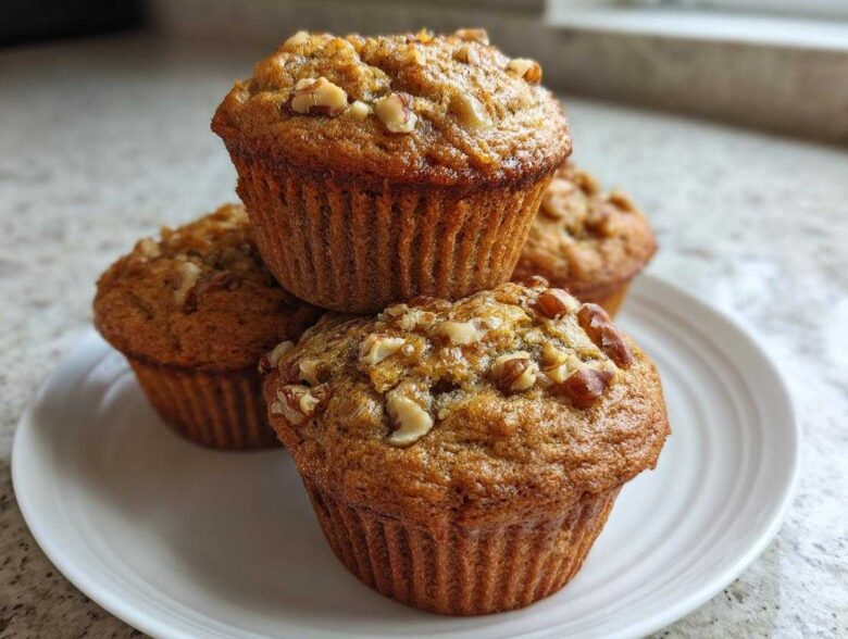 A stack of three golden brown banana nut muffins topped with chopped walnuts, resting on a white plate.