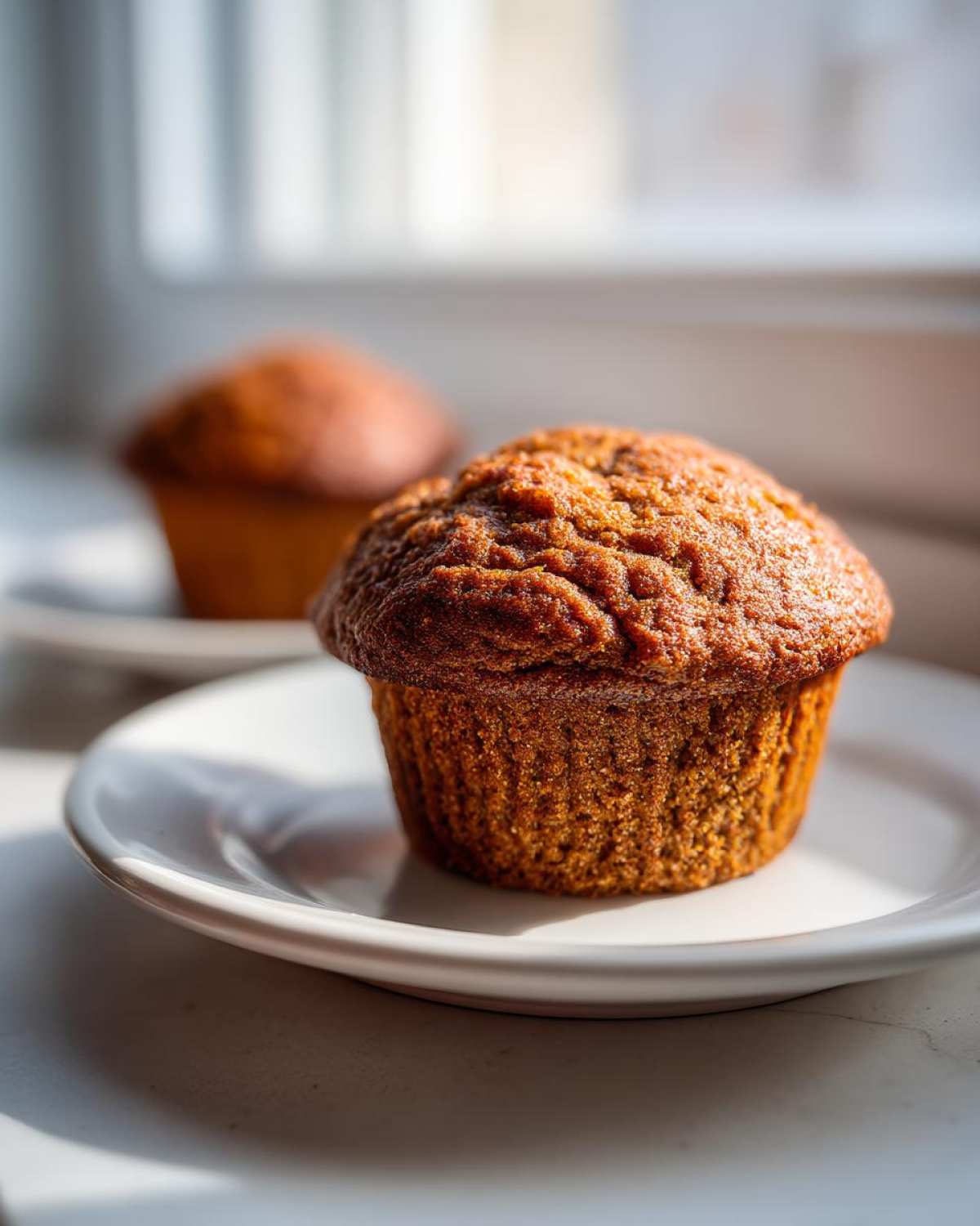 Close-up of a perfectly baked, golden-brown bran muffin sitting on a small white plate, with another muffin blurred in the background.