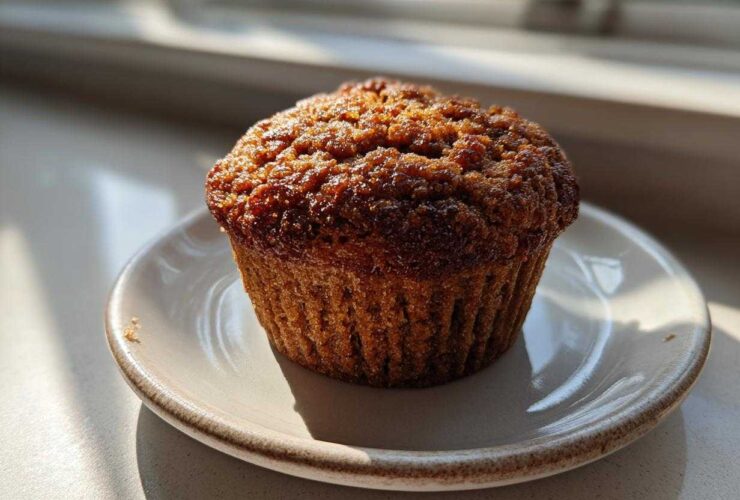 A single, perfectly baked, moist bran muffin sitting on a small ceramic plate, highlighted by bright sunlight.