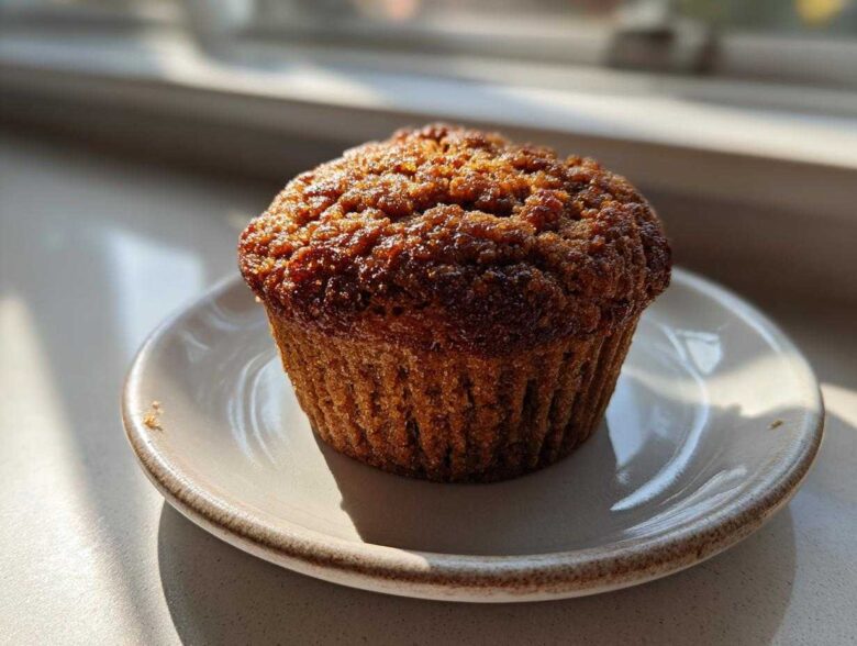 A single, perfectly baked, moist bran muffin sitting on a small ceramic plate, highlighted by bright sunlight.