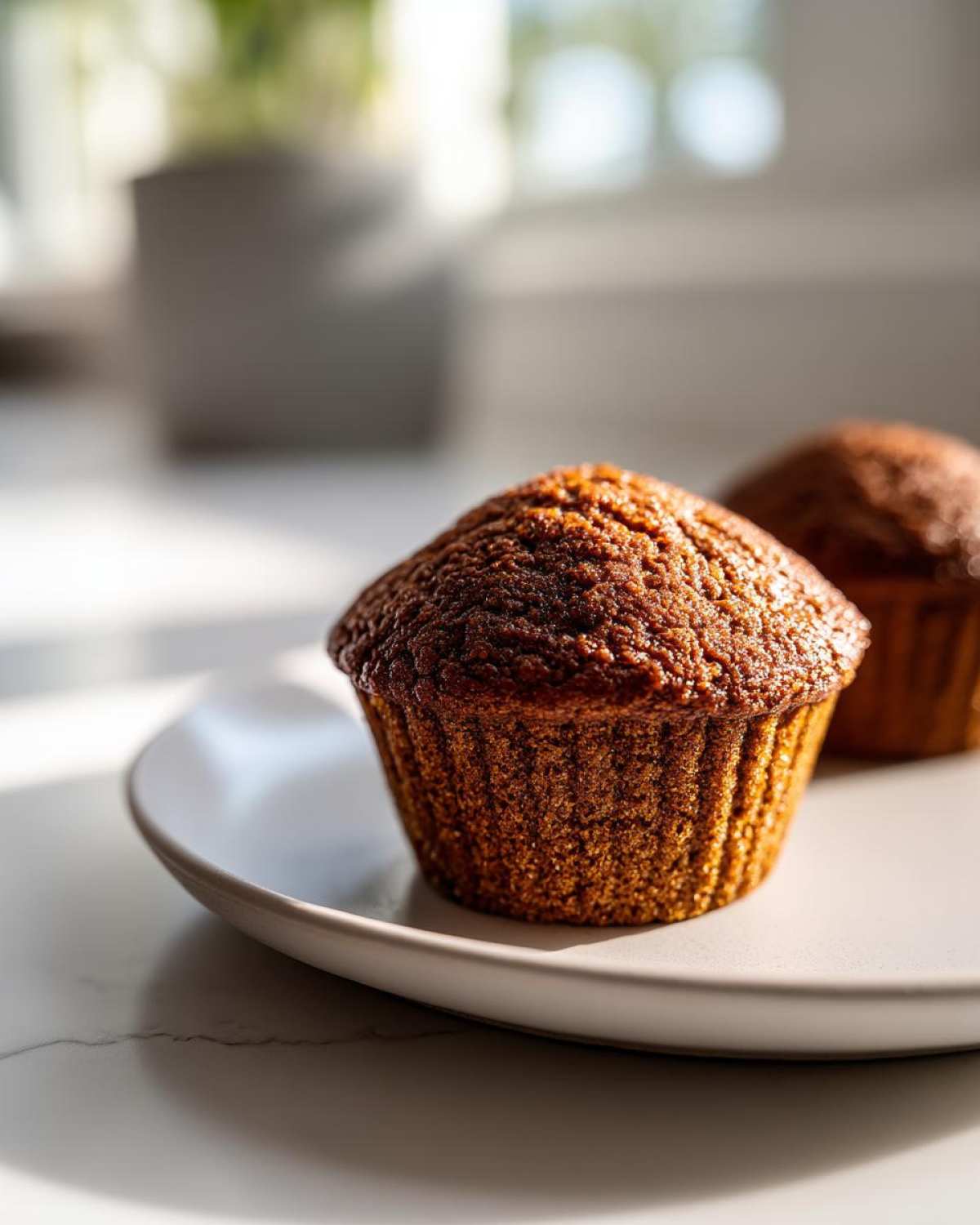 Close-up of a single, perfectly domed, dark brown bran muffin sitting on a light gray plate.