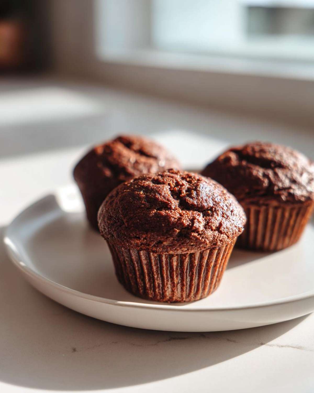 Three dark, moist bran muffins sitting on a white plate, illuminated by natural sunlight.