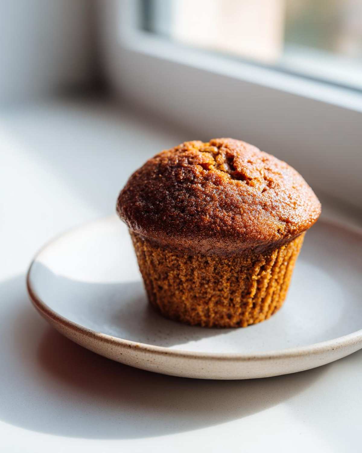 A single, perfectly domed, dark brown bran muffin sitting on a light ceramic plate near a bright window.
