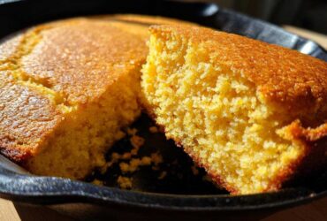 Close-up of a slice of golden buttermilk cornbread with a crumbly texture, sitting in a black cast iron skillet.