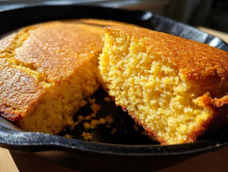 Close-up of a slice of golden buttermilk cornbread with a crumbly texture, sitting in a black cast iron skillet.