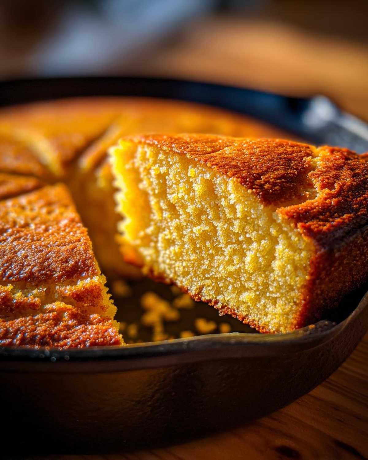 Close-up of a golden, moist slice of buttermilk cornbread being lifted from a black cast iron skillet.