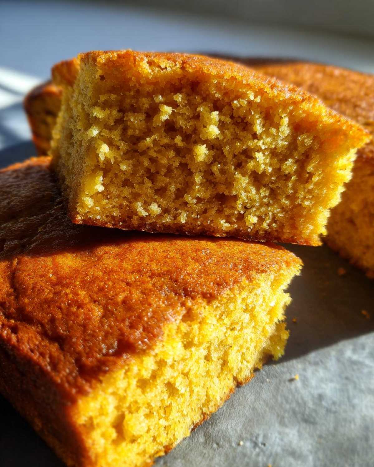 Close-up of two stacked slices showing the moist, yellow crumb texture of buttermilk cornbread.