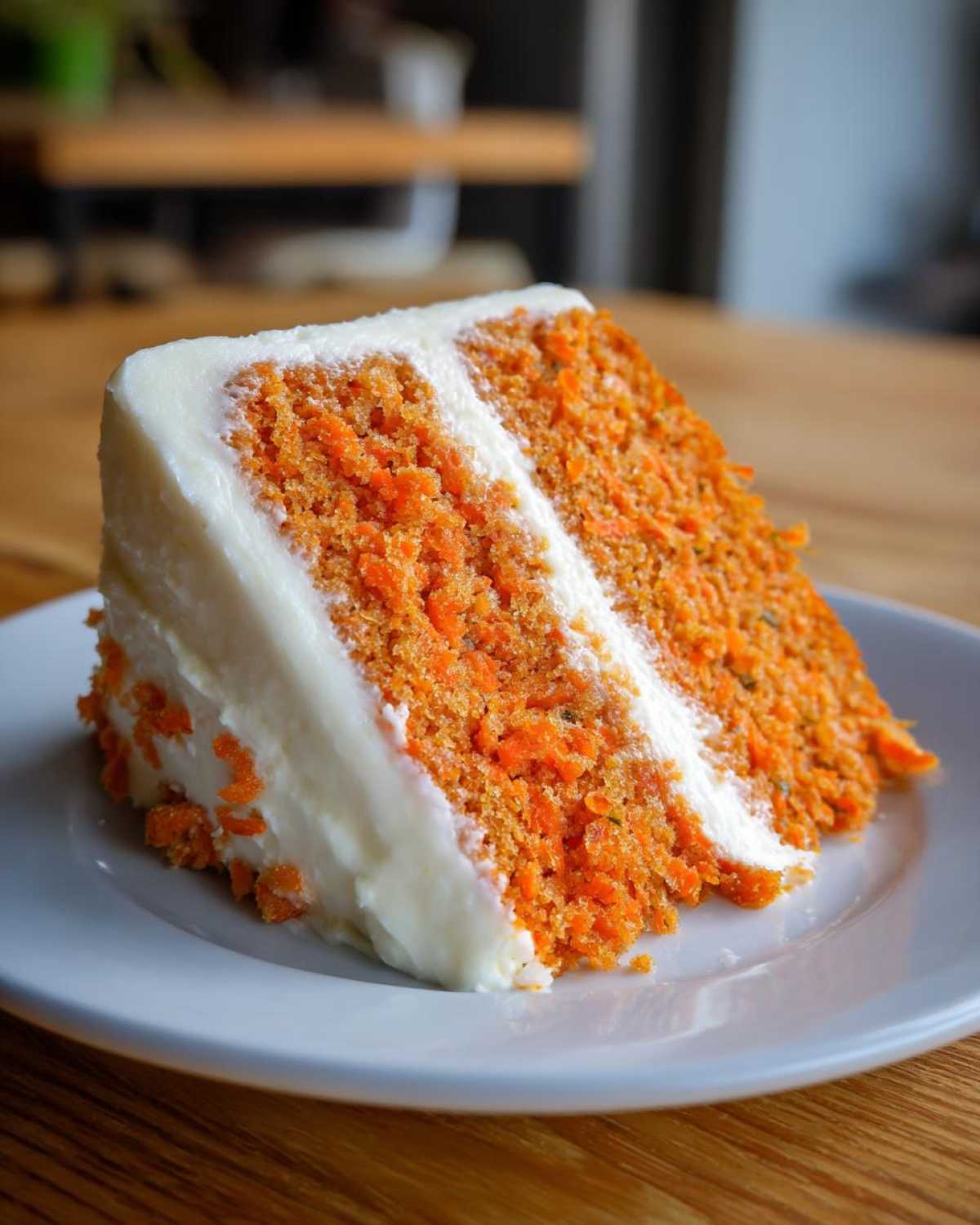 Close-up of a thick, moist slice of carrot cake recipe with rich orange crumb and cream cheese frosting.