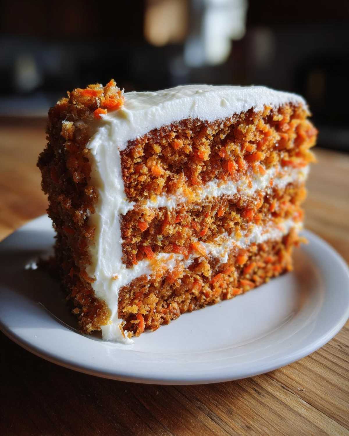 A tall, moist slice of three-layer carrot cake recipe with thick cream cheese frosting on a white plate.