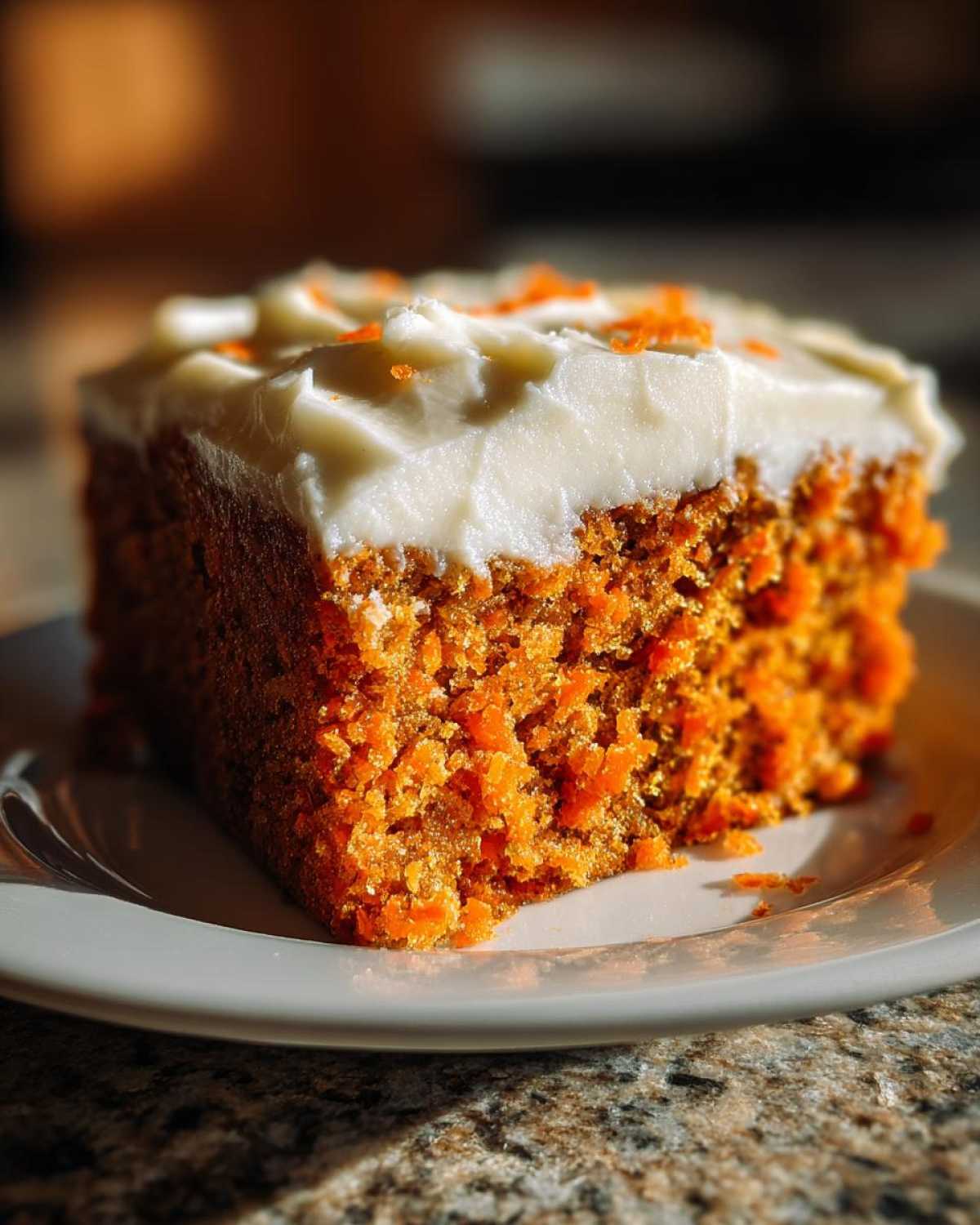 Close-up of a moist slice of carrot cake recipe, showing rich orange crumb and thick cream cheese frosting.