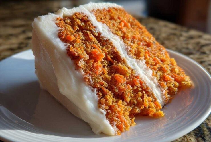 A close-up of a thick, moist slice of carrot cake recipe, layered with white cream cheese frosting.
