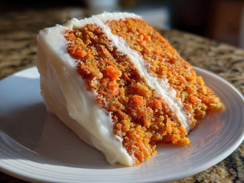 A close-up of a thick, moist slice of carrot cake recipe, layered with white cream cheese frosting.