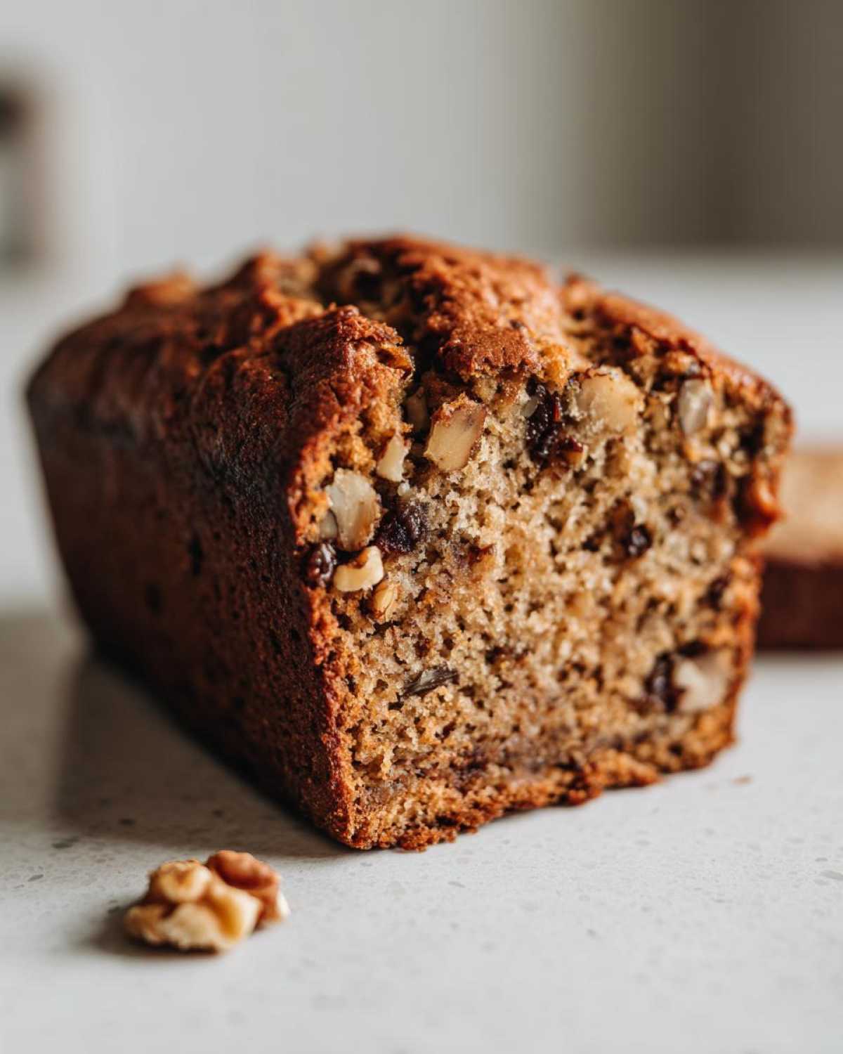 Close-up of a freshly baked date nut bread loaf showing the moist crumb texture and visible walnuts.