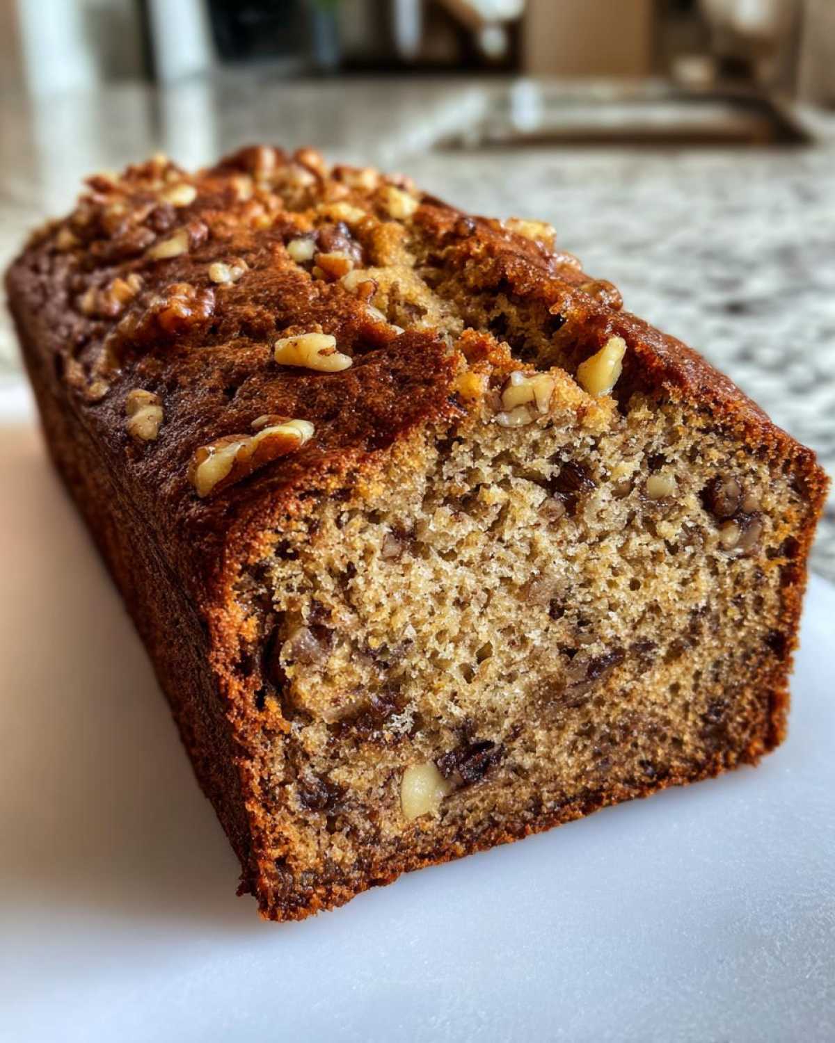 Close-up of a freshly baked loaf of date nut bread, topped with walnuts, showing a moist interior texture.