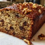 Close-up of a moist slice of date nut bread showing the texture, dates, and walnuts on top.