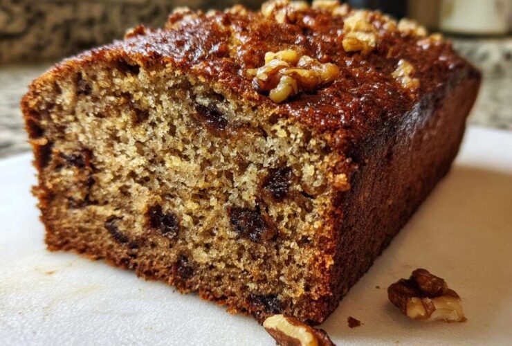 Close-up of a moist slice of date nut bread showing the texture, dates, and walnuts on top.